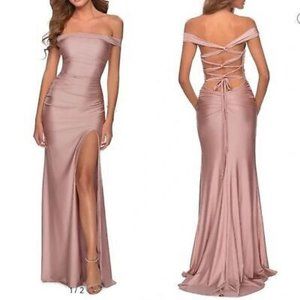 NWT LA FEMME Off the Shoulders Trumpet Gown Ruched Pink Satin Lace-up Back 6